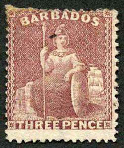 BARBADOS SG63 1873 3d Brown-purple wmk Star Perf 14 Cat 110 pounds