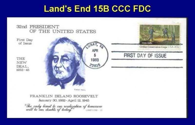 Land's End 2037 Civilian Conservation Corp on FDR New Deal Cachet Luray, VA 