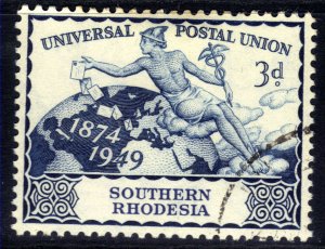 Southern Rhodesia 1949 KGV1 3d Blue75th Anniv UPU used SG 69 ( J649 )