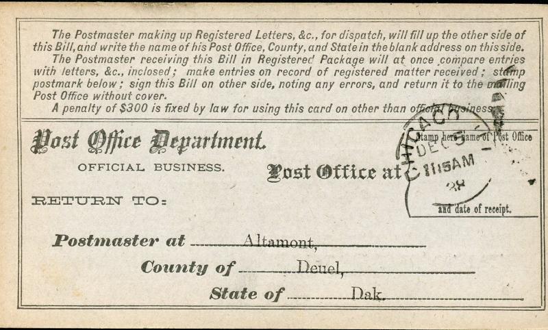 US REGISTRY BILL ALTAMONT, DAKOTA TERRITORY 11/30/88 TO CHICAGO, IL 12/5 RARE