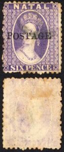 Natal SG83 6d Violet Wmk CC Opt POSTAGE (Davis) Cat 9 pounds