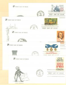 US 2036-2038/2045/2053 1983 5 different FDCs. U/A. Reader's Digest cachets. Swedish-American Treaty. CCC. Joseph Priestl...