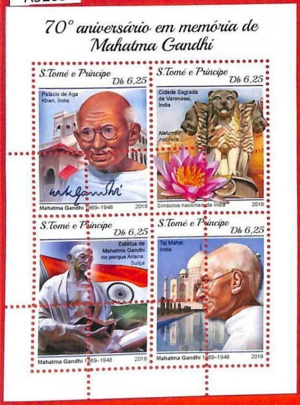 A3263 - SAO TOME & PRINCIPE, ERROR MISPERF, Miniature s: 2018 Gandhi, Taj Mahal 