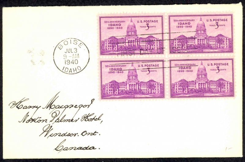 USA Sc# 896 FDC block/4 (b) (Boise, ID) 1940 7.3 Idaho Statehood 50th