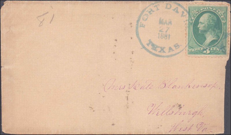 Jeff Davis County Fort Davis Forwarded Missing 3cent Stamp ( Postal History )...