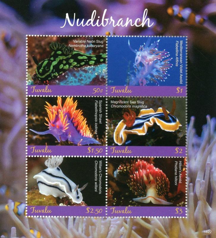 Tuvalu 2018 MNH Nudibranch Sea Neon Slug Aeolid 6v M/S Marine Animals Stamps