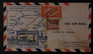 1939 Lisbon to Azores Portugal USA PAA First Flight Cover FFC Crosby Cachet Blue