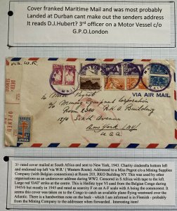 1943 South Africa Censored Maritime Mail Cover To New York USA Tuberculosis Lbel