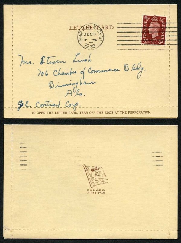 Bahamas 18 July 1939 1 1/2d GB on Letter card Postmarked SHIP MAIL ...