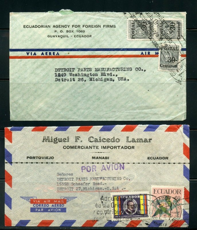 ECUADOR LOT OF 19 COMMERCIAL AIR MAILS COVERS MOSTLY 1950'S  AS SHOWN