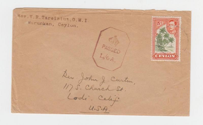 CEYLON -USA 1942? CENSOR COVER (CROWN PASSED L/GA) 5c RATE (SEE BELOW)