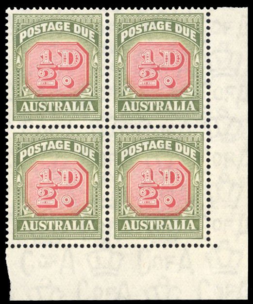 Australia #J71 Cat$28, 1956 1/2p green and carmine, corner margin block of fo...