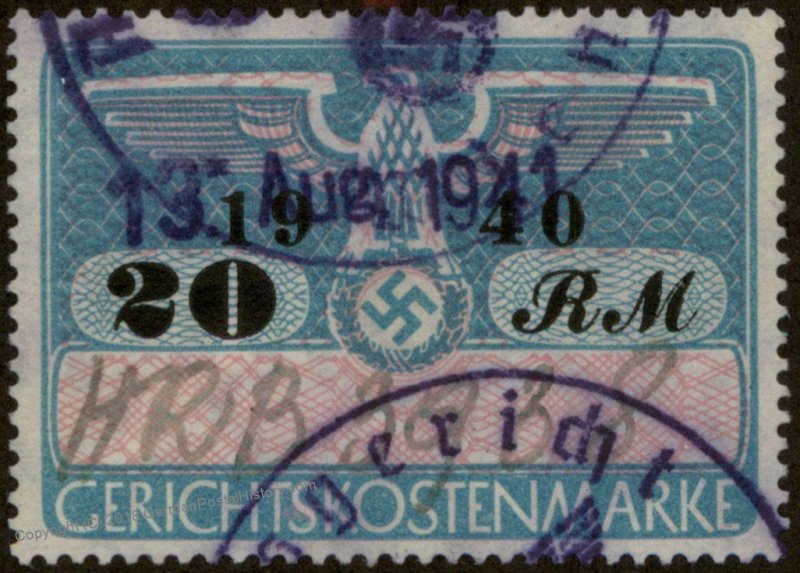 Germany 3rd Reich 20RM Court Fee Stamp 1940 Used 96230
