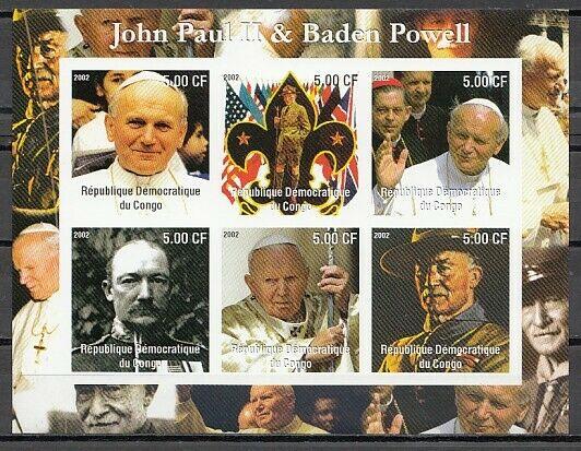 Congo, Dem. 2002 Cinderella issue. Pope John Paul II & B. Powell Imperf sheet.