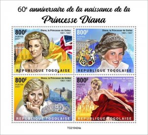 Togo - 2021 Princess Diana Anniversary - 4 Stamp Sheet - TG210424a