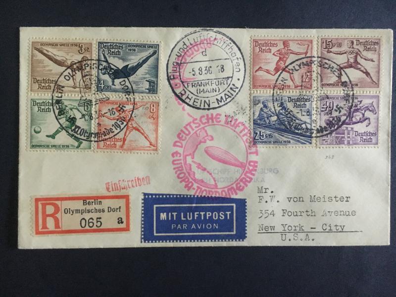 1936 Germany Hindenburg Zeppelin Olympics Cover to USA Full set # B82-B89 LZ 129