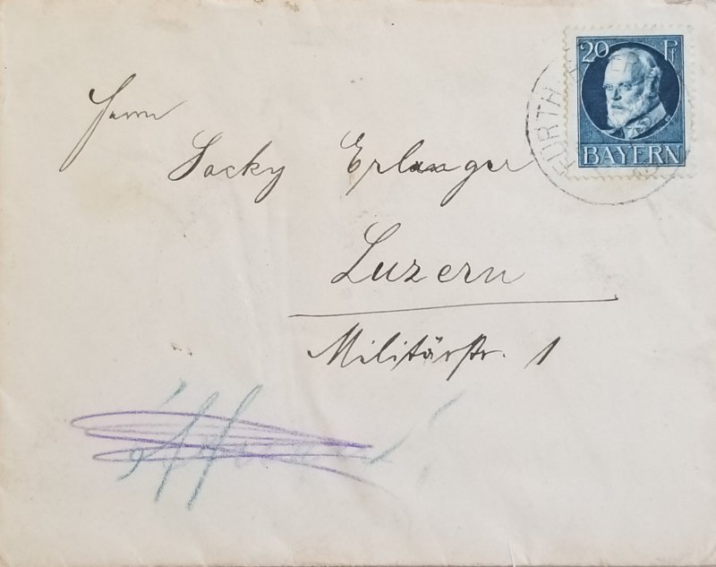 J) 1920 BAVARIA, KING LUDWIG, CIRCULATED COVER, FROM BAVARIA, XF