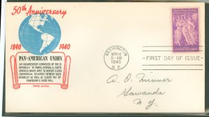 US 895 1940 3c Pan-American Union 50th anniversary on an addressed first day cover with a Torkel Gaundel cachet.