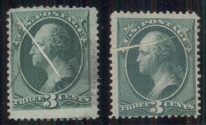 US #158 3¢ green, Two pre-printed paper fold ERRORS, striking