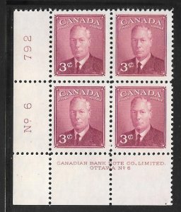 Canada 286: 3c George VI, plate block, #6, MNH, VF