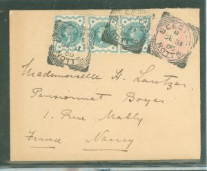 Great Britain  Stationery #90, Beeston, Notts, to Nancy, France. Unpleasant opening tear from the embossment above the stamps th