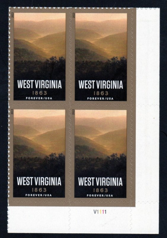 SC# 4790 - (46c) - West Virginia Statehood, 150th Anniv -- MNH plate block/4