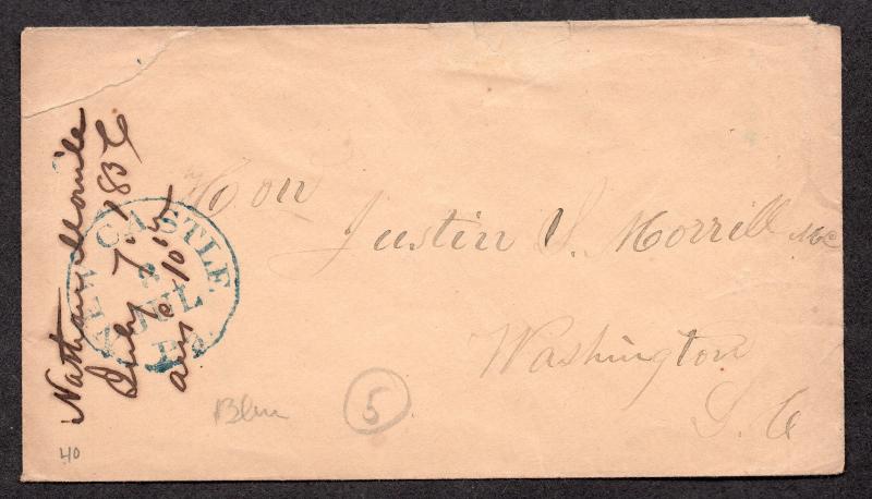 **US Stampless Cover, New Castle, PA 7/8 Blue CDS 1856 to Senator Morrill, VT