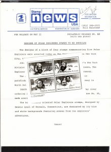 1986 USPS philatelic media news release with photo, Sc 2389a Arctic Explorers