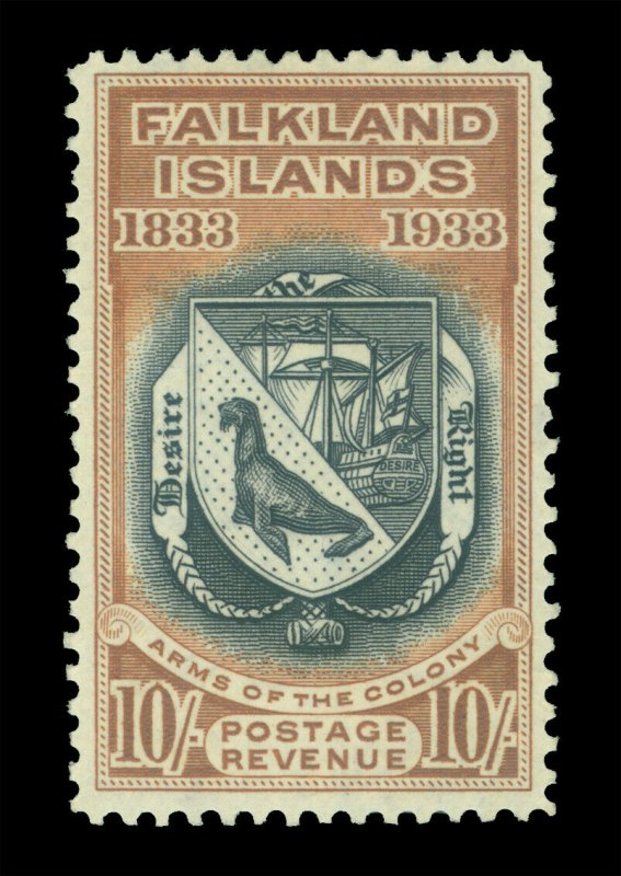 FALKLAND ISLANDS 1933 Centenary  Coat of Arms 10/-   Scott # 75 (SG 137) mint MH