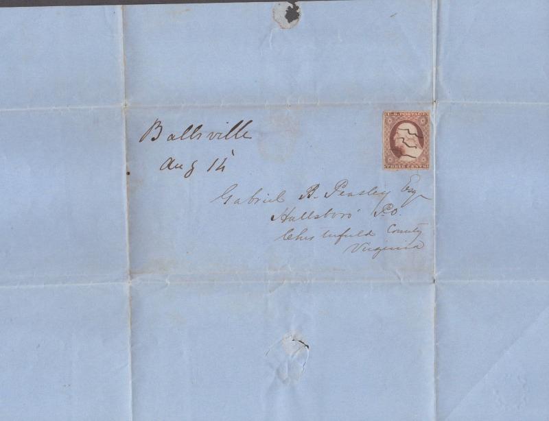 **US 19th Cent Rare Turned Cover SC# 11, Hallsboro, Va + Ballsville, VA, DPO's