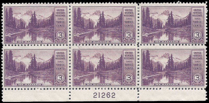 #742 3c National Parks Mt Rainier and Mirror Lake PB/6 1934 Mint NH