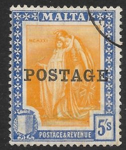 MALTA SG155 1926 5/= ORANGE-YELLOW & BRIGHT ULTRAMARINE USED