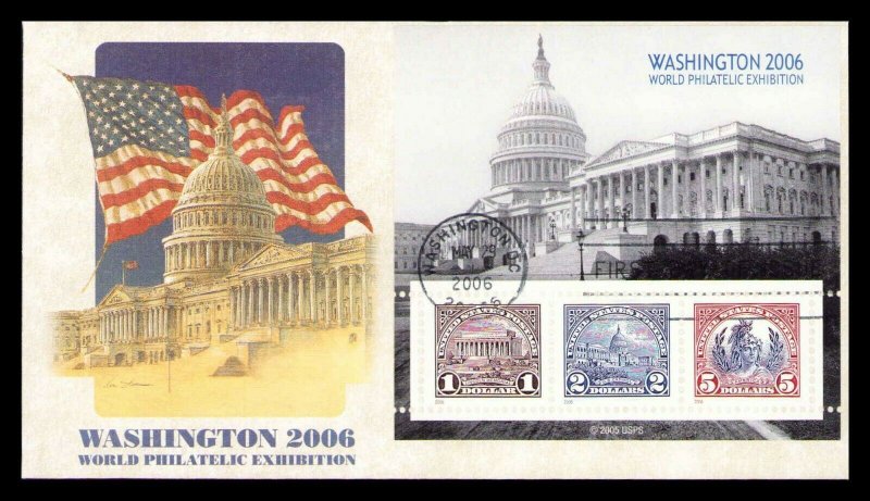 4075 Washington World Philatelic Exhibition Fleetwood FDC 2006 $1, $2, $5 Sheet