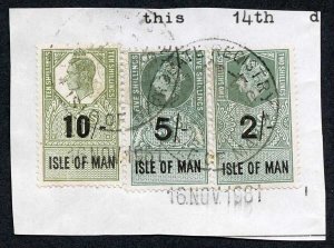 Isle of Man KGVI 10/- + QEII 5/- and 2/- Key Plate Type Revenues CDS on Piece