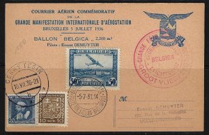 BELGIUM 1936 CZECHOSLOVAKIA BALLON POST CARD MAIL BY PILOT ERNEST DEMUYTER TO
