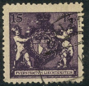 LIECHTENSTEIN 1921 15rp COAT OF ARMS P. 12 1/2 Sc 61a VFU