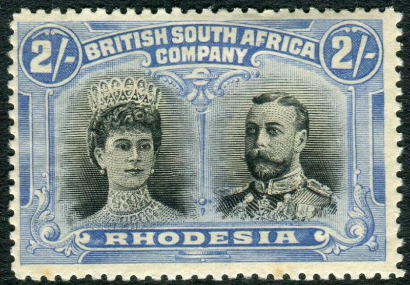 RHODESIA-1910-13 2/- Black & Ultramarine.  A lightly mounted mint example Sg 153