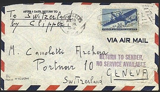 USA 1942 airmail cover to Switzerland NO SERVICE AVAILABLE.................19881 