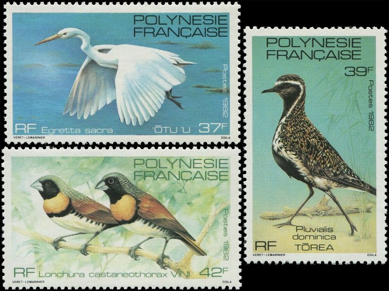 French Polynesia 1982 Sc 370-372 Bird Egret Plover Mannikin CV $4.55