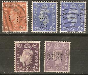 Great Britian (UK) 5 Diff Perfins 1937-8 SCV $3.10