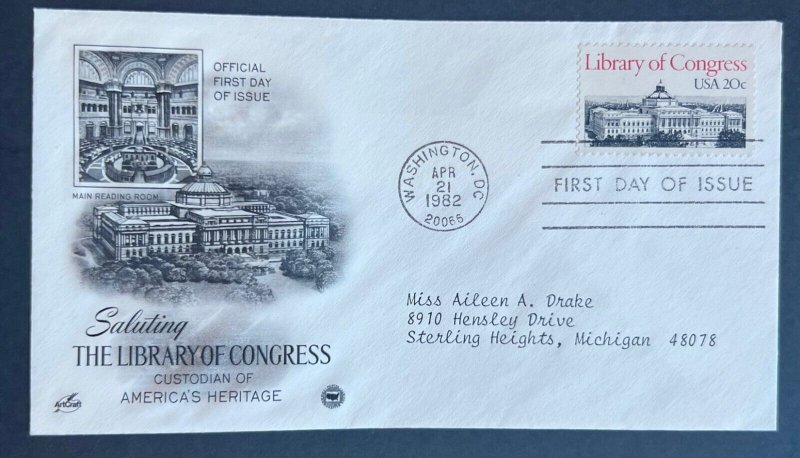 SALUTING LIBRARY OF CONGRESS APR 21 1982 WASHINGTON DC ARTCRAFT FIRST DAY COVER