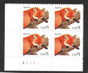 3036 MNH $1 Red Fox, LL Plate Block, P #B1111, Free Insured Shipping,