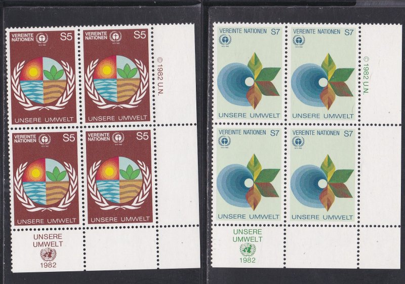 United Nations - Vienna # 25-26, Inscription Blocks of Four, NH, 1/3 Cat.