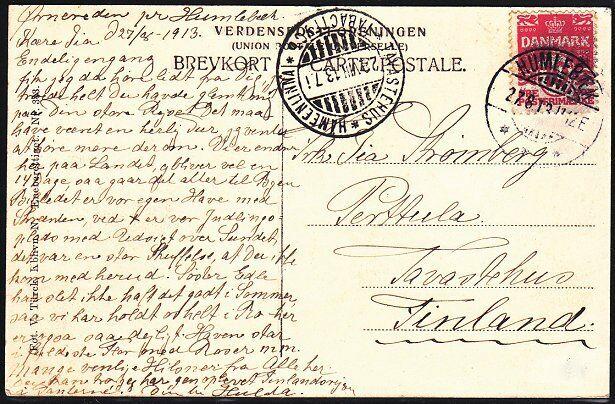 DENMARK 1913 postcard used Hunlebaek to Tavastehus Finland.................53850