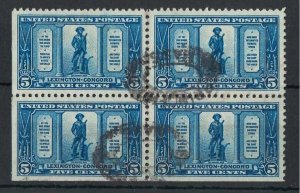 USA 1925 Lexington Concord 5c blue fine used block of 4 marginal imperf at lef