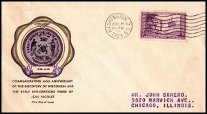 11163 OAS-CNY FDC SCOTT 739 – 1934 3c Wisconsin Tercentenary RICE #3 $20