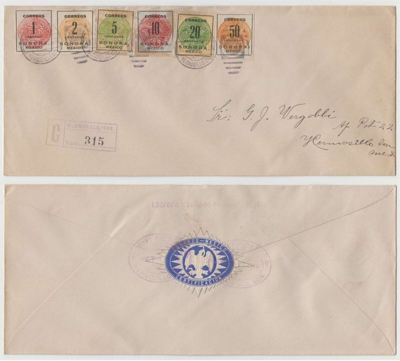 MEXICO 1915 Sc 394-398 & 400 TOP VALUE ON TWO R-COVERS HERMOSILLO SON Cds' 