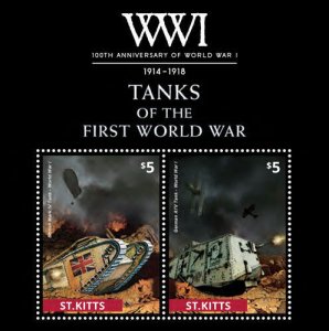 SAINT KITTS 2014-100TH ANNIVERSARY OF WORLD WAR I SOUVENIR SHEET OF 2 STAMPS MNH