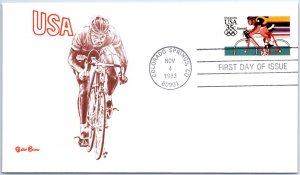 US FIRST DAY COVER 1984 OLYMPIC GAMES LOS ANGELES CYCLING TUDOR HOUSE 1983