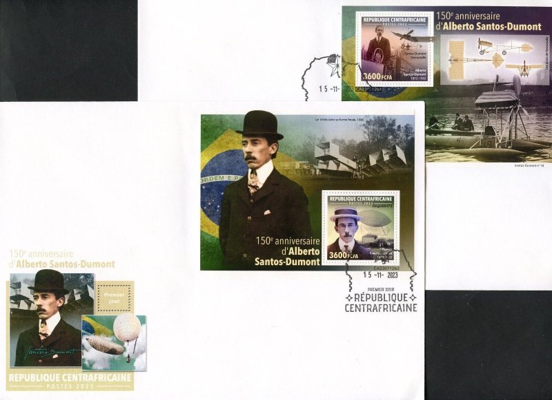 CENTRAL AFRICA 2023 150th ANNIVERSARY OF ALBERTO SANTOS-DUMONT S/S SET FDC